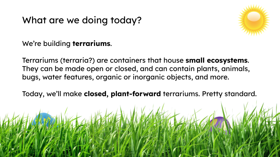 A single digital presentation slide describing the purpose of a terrarium-making workshop, and the standard definition of a terrarium. Grass, a sun, and easter eggs decorate the slide.